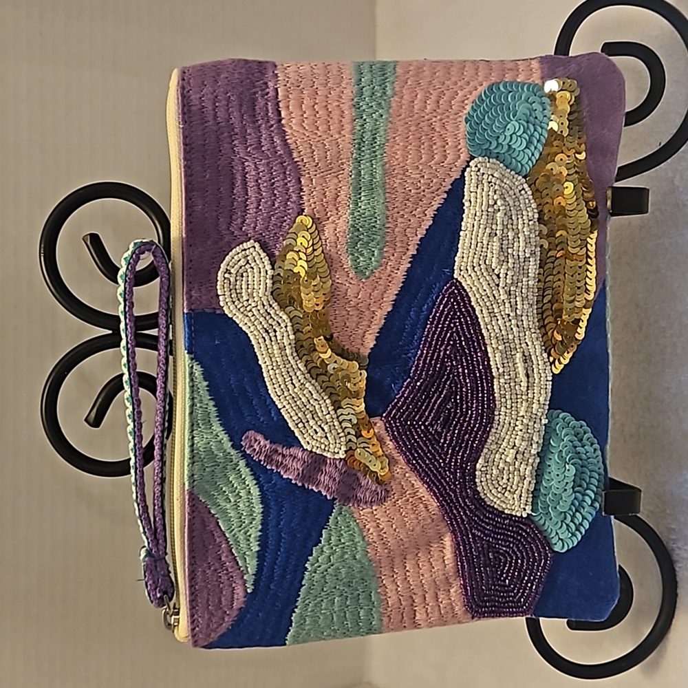 Embroidered Sequin Abstract Wristlet Clutch in Purple & Teal
